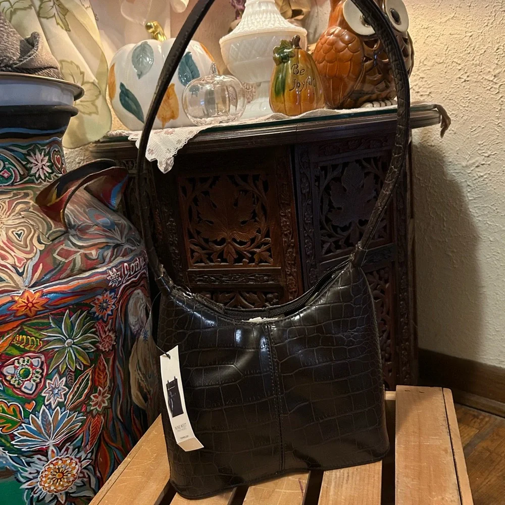 Nine West Brown Croc Embossed Shoulder Bag Faux Leather‎ Baguette Handbag